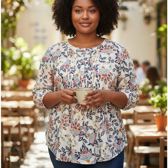 Daniel Rainn Pintucked Blouse Womens Size 1X Ivory Multicolor Floral Popover Top - Picture 1 of 8